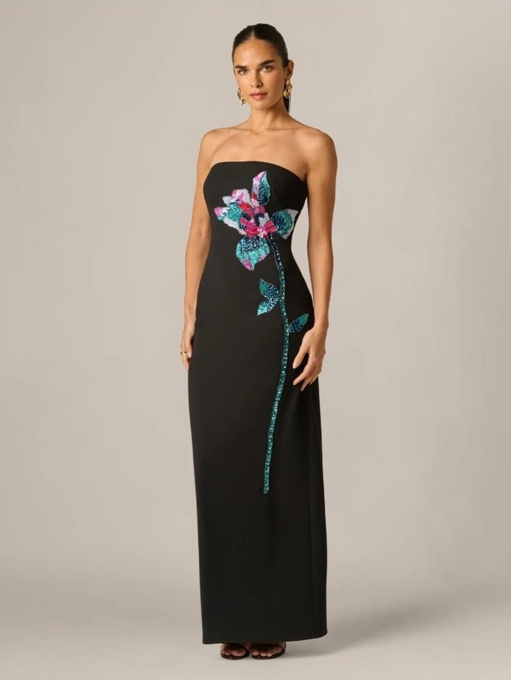 Adrianna Papell Black Strapless Gown with Pink and Teal Sequin Flower